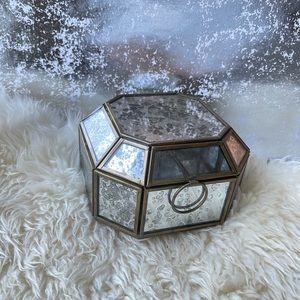 Anthropologie Mirrored Glass Octagonal Jewelry Box in Antique Gold